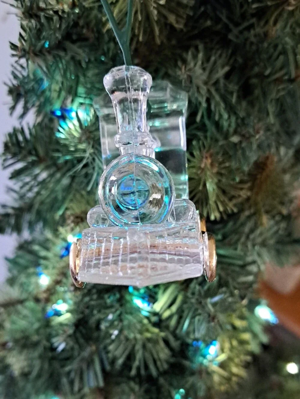 Glass Train Ornament with Gold Wheels - Clear 3-3/4